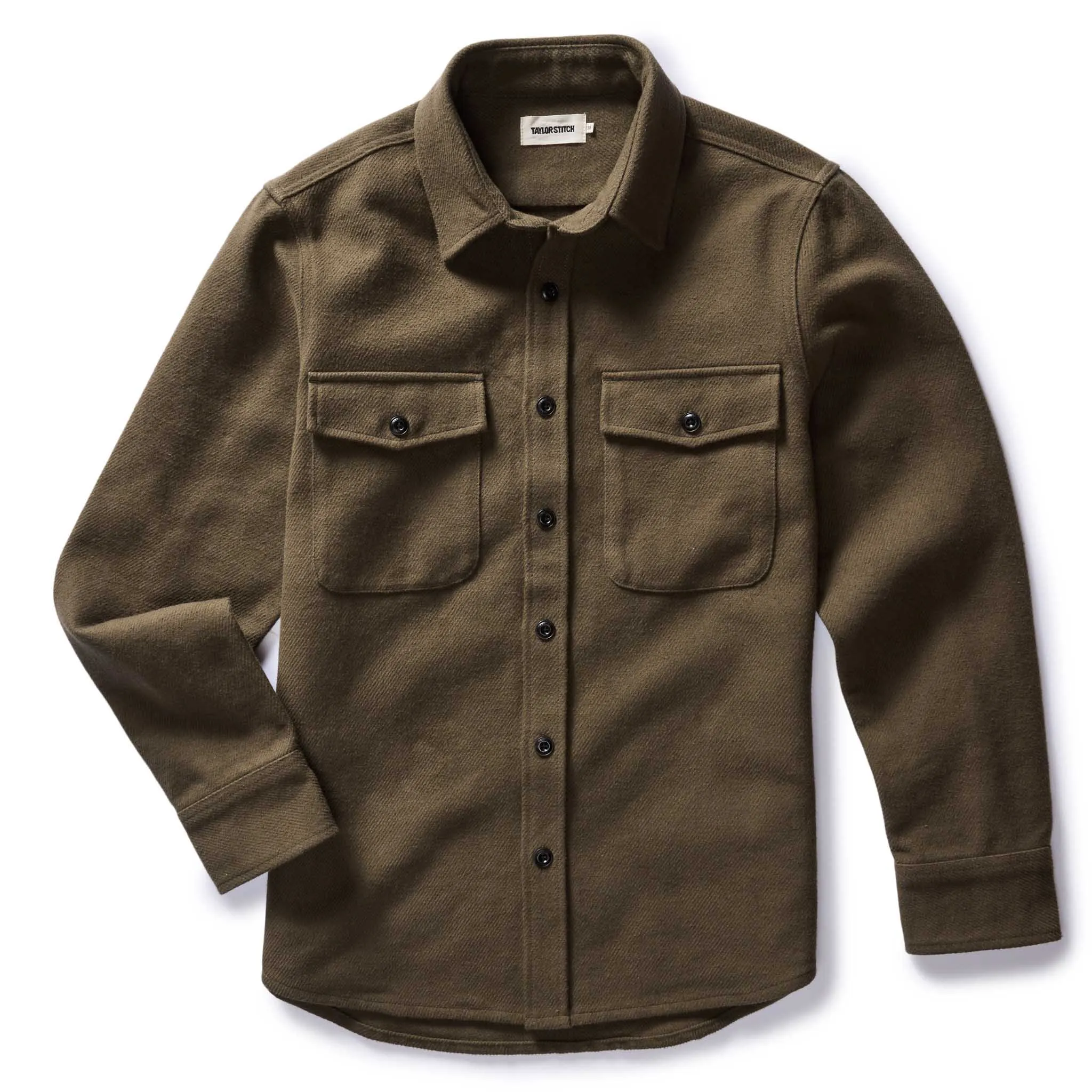 The Maritime Shirt Jacket in Fatigue Olive Moleskin Twill sold by Taylor Stitch