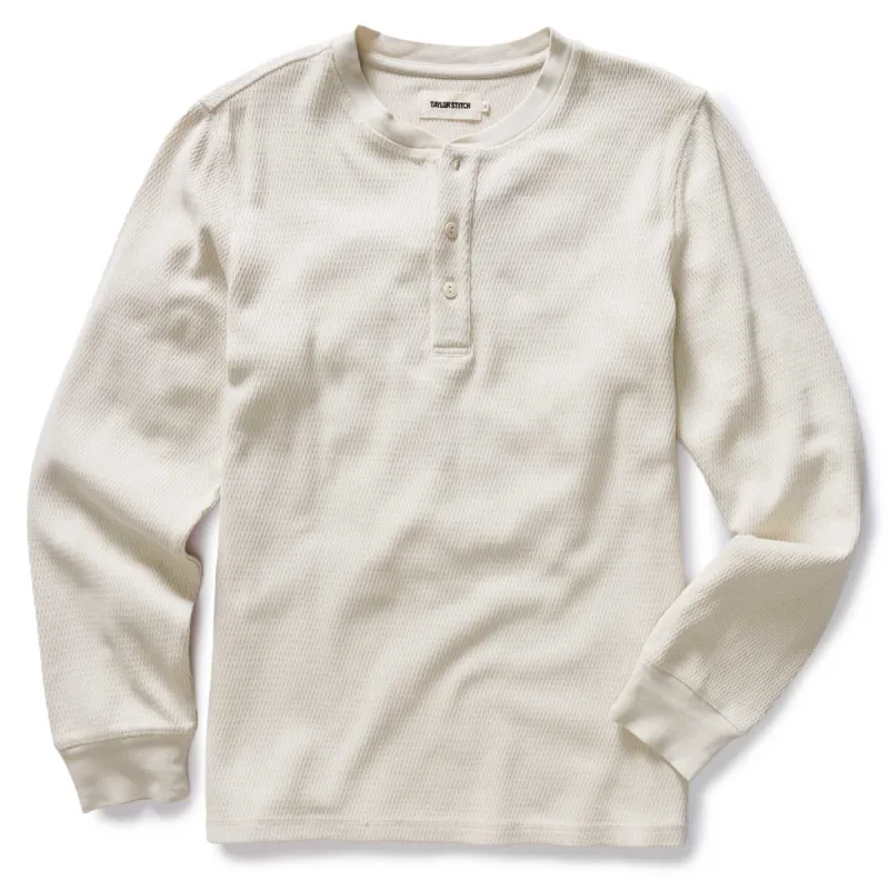The Organic Cotton Waffle Henley in Vintage White sold by Taylor Stitch