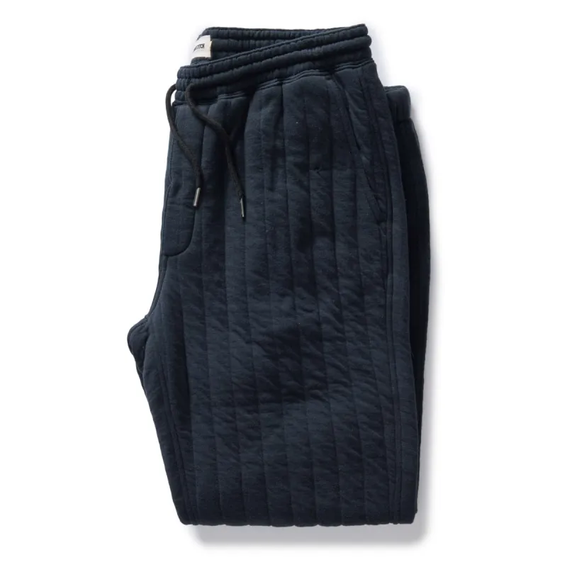 The Apres Pant in Heather Midnight Quilted Jersey sold by Taylor Stitch