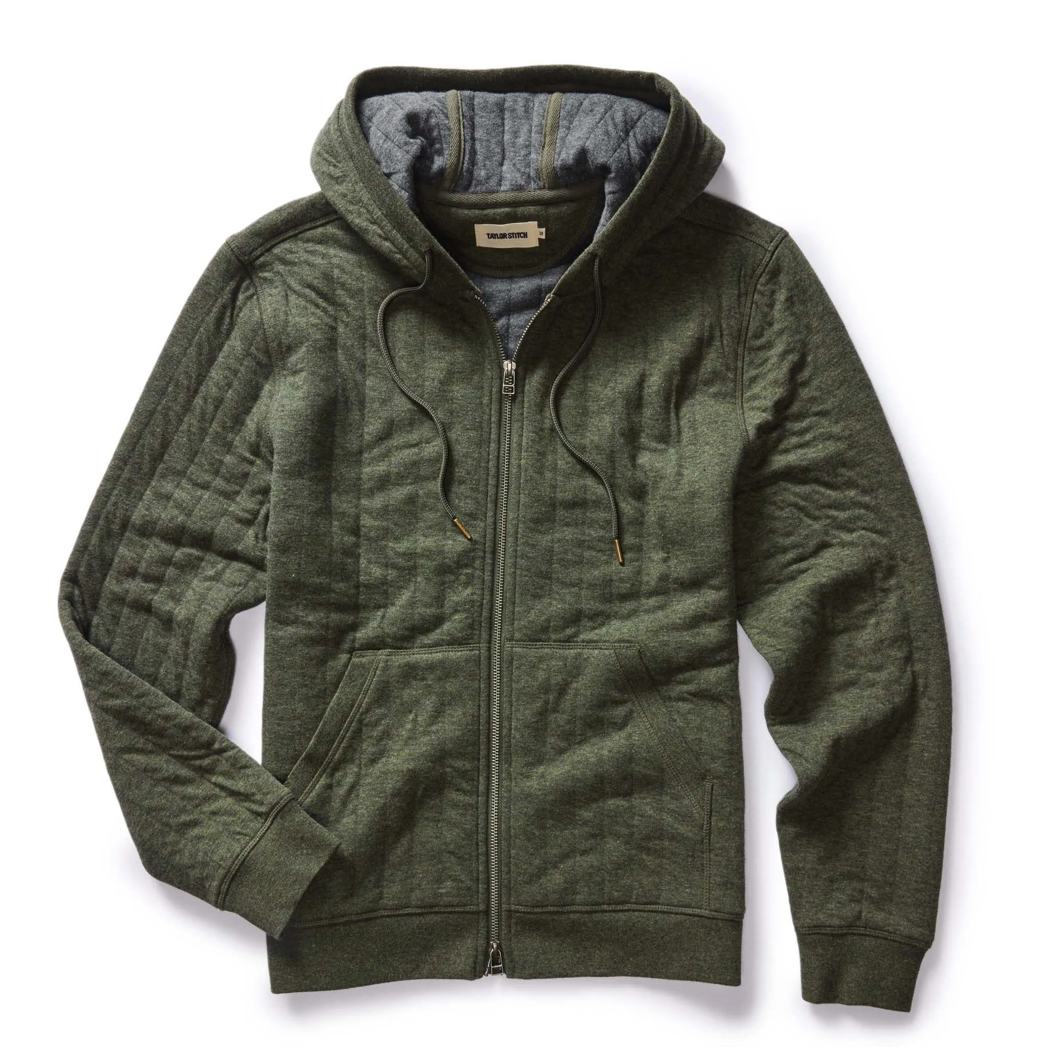 The Apres Zip Hoodie in Fatigue Olive Quilted Jersey sold by Taylor Stitch