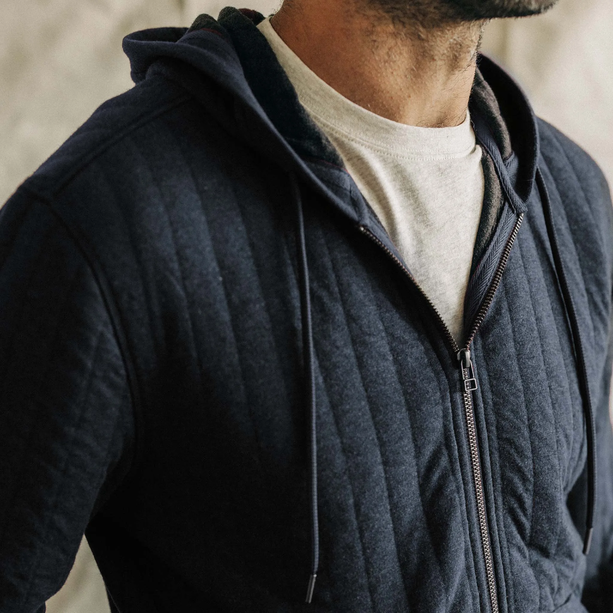 The Apres Zip Hoodie in Heather Midnight Quilted Jersey sold by Taylor Stitch product image thumbnail 3