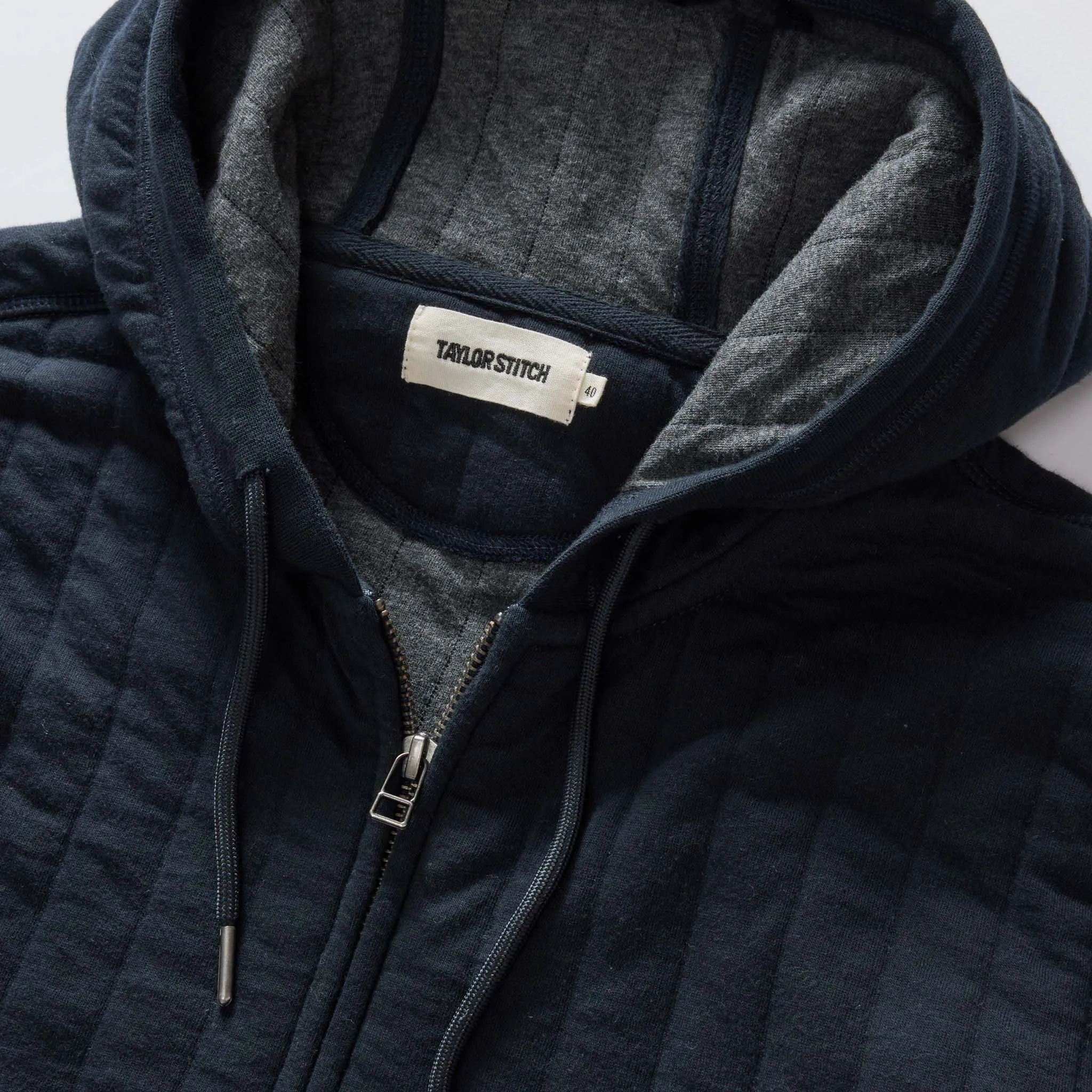 The Apres Zip Hoodie in Heather Midnight Quilted Jersey sold by Taylor Stitch product image thumbnail 5