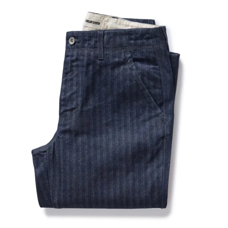 The Morse Pant in Rinsed Indigo Herringbone sold by Taylor Stitch
