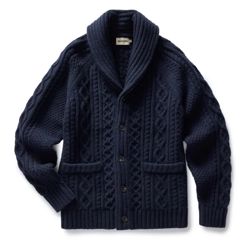 The Cascade Shawl Cardigan in Heather Marine sold by Taylor Stitch