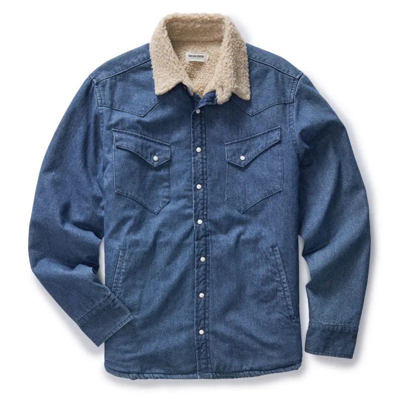 The Western Shirt Jacket in Washed Indigo sold by Taylor Stitch