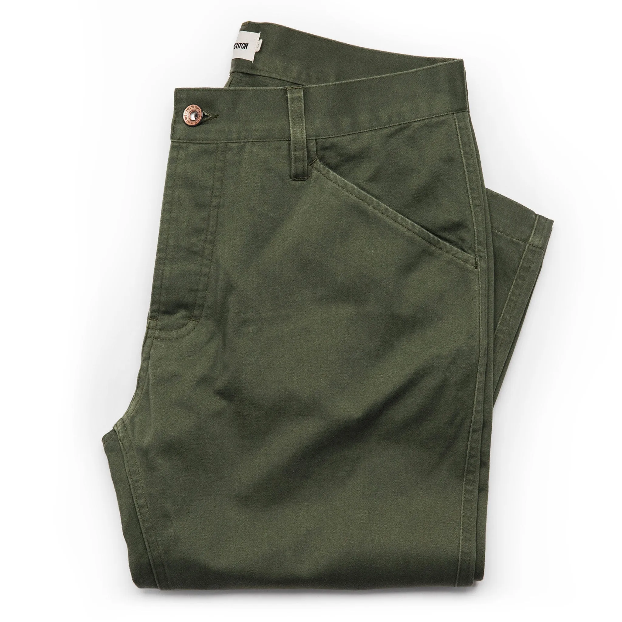 The Camp Pant in Olive Reverse Sateen sold by Taylor Stitch
