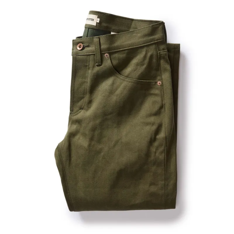 The Slim Jean in Olive Nihon Menpu Selvage sold by Taylor Stitch