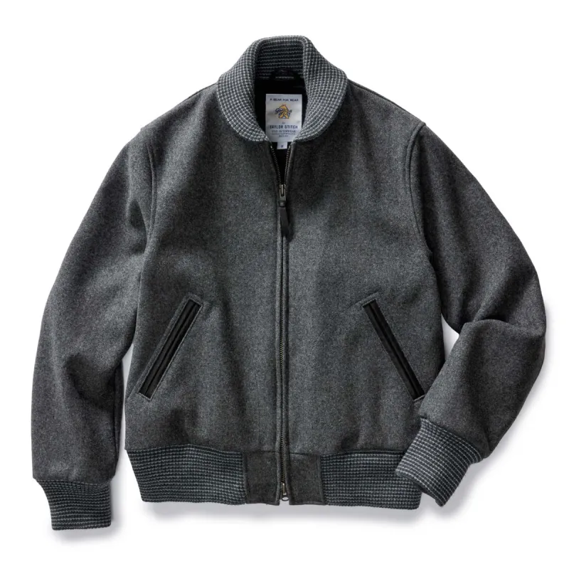 The Golden Bear Bomber in Heather Graphite made by Taylor Stitch