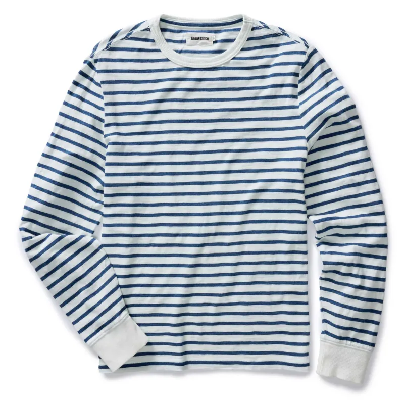 The Organic Cotton Long Sleeve Tee in Indigo Stripe sold by Taylor Stitch