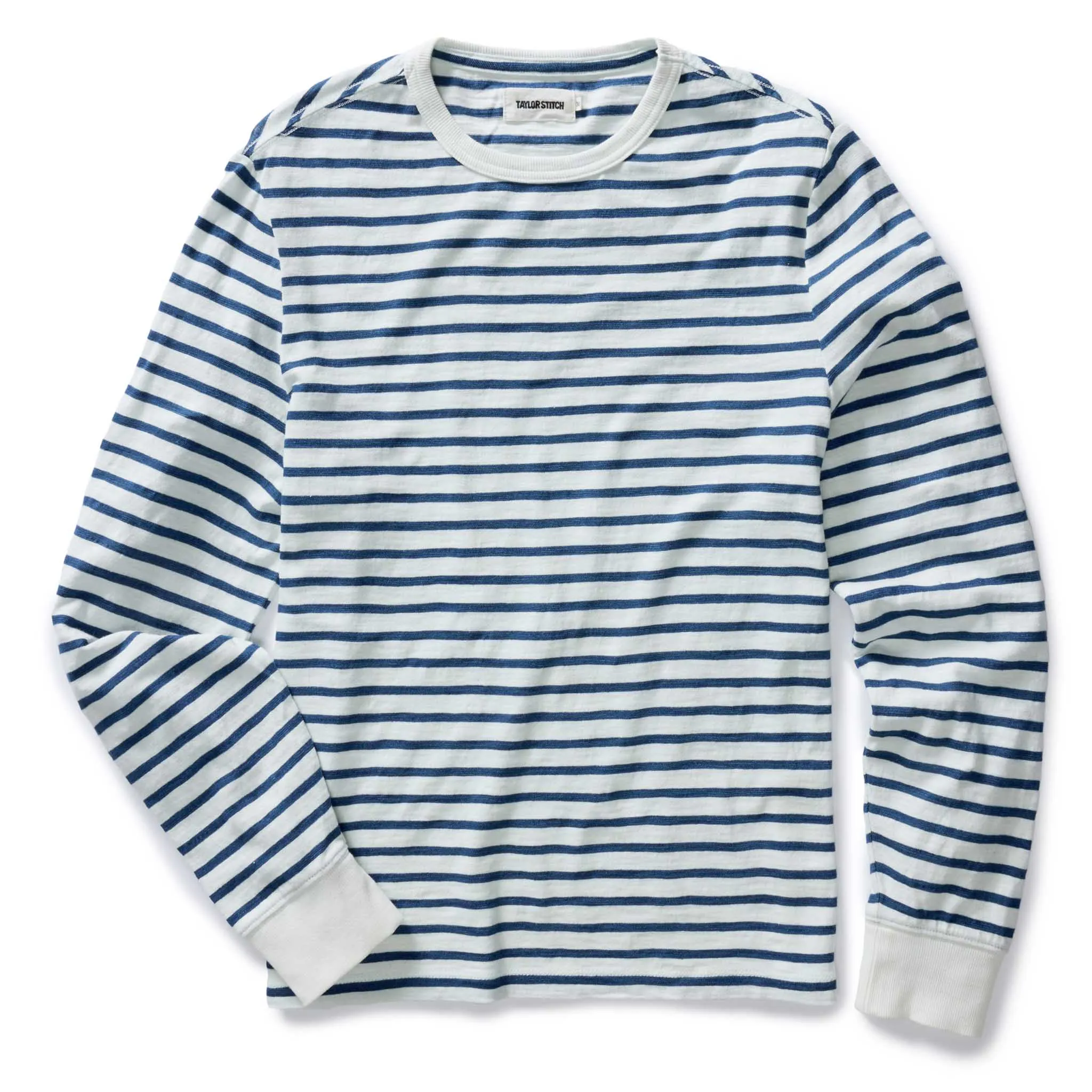 The Organic Cotton Long Sleeve Tee in Indigo Stripe sold by Taylor Stitch