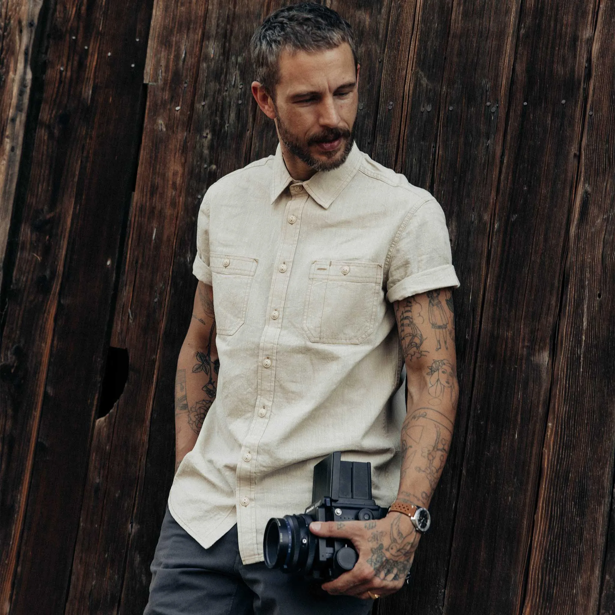 The Short Sleeve Utility Shirt in Natural Selvedge Chambray sold by Taylor Stitch product image thumbnail 2