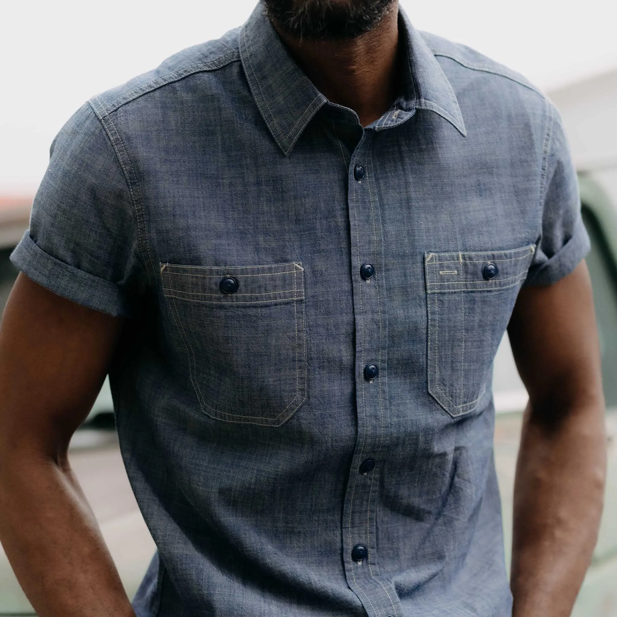 The Short Sleeve Utility Shirt in Indigo Selvedge Chambray sold by Taylor Stitch product image thumbnail 3