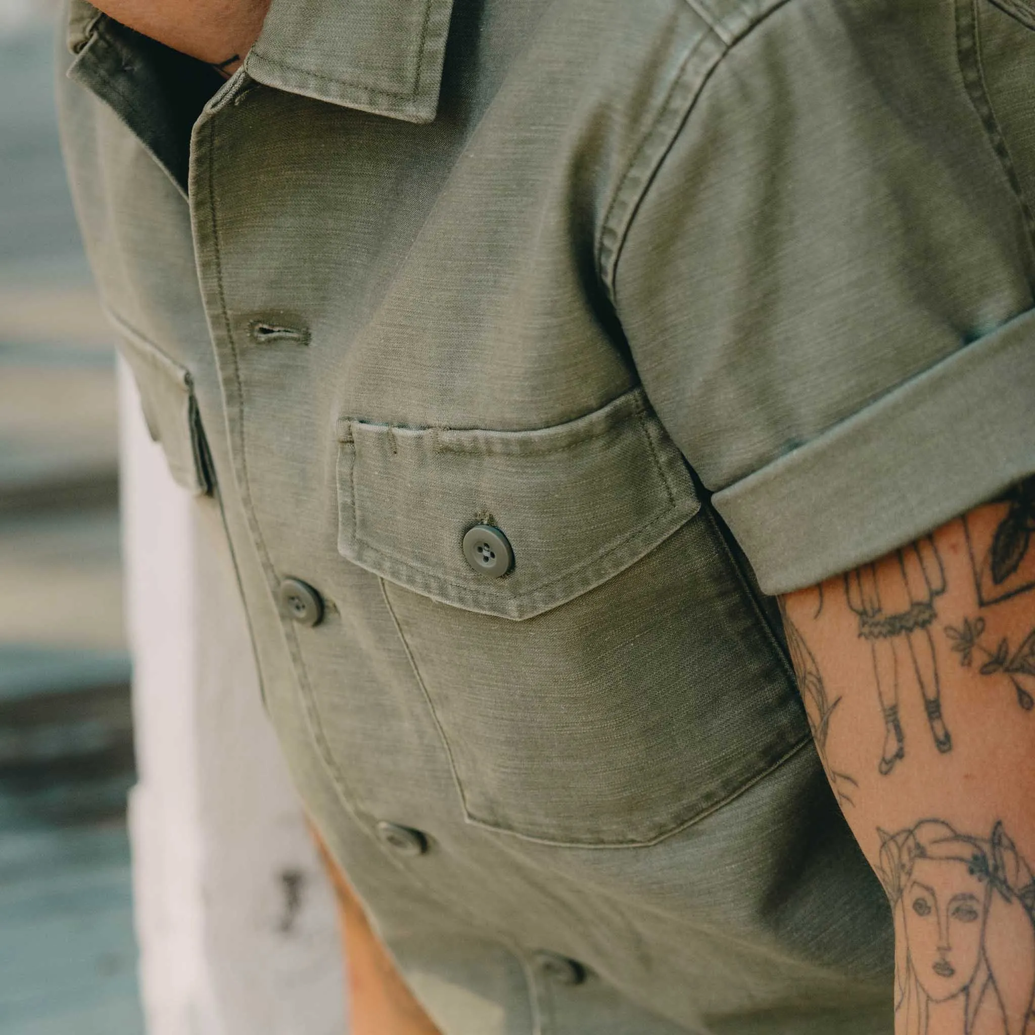 The Short Sleeve Surplus Shirt in Field Olive Reverse Sateen sold by Taylor Stitch product image thumbnail 3