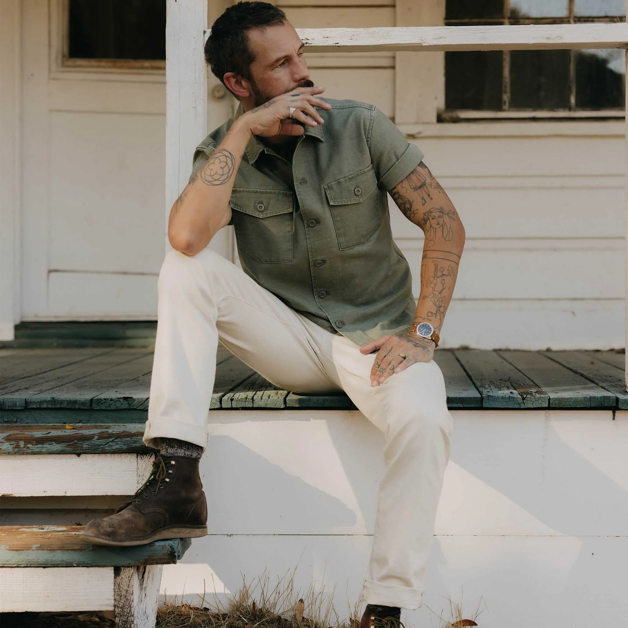 The Short Sleeve Surplus Shirt in Field Olive Reverse Sateen sold by Taylor Stitch product image thumbnail 4