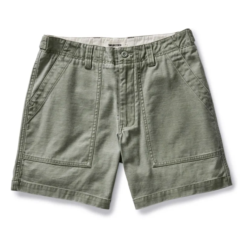 The Surplus Short in Field Olive Reverse Sateen made by Taylor Stitch