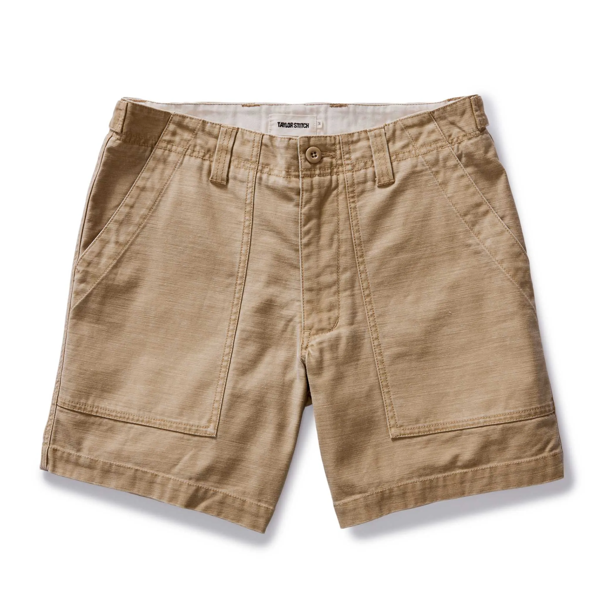 The Surplus Short in Khaki Reverse Sateen sold by Taylor Stitch