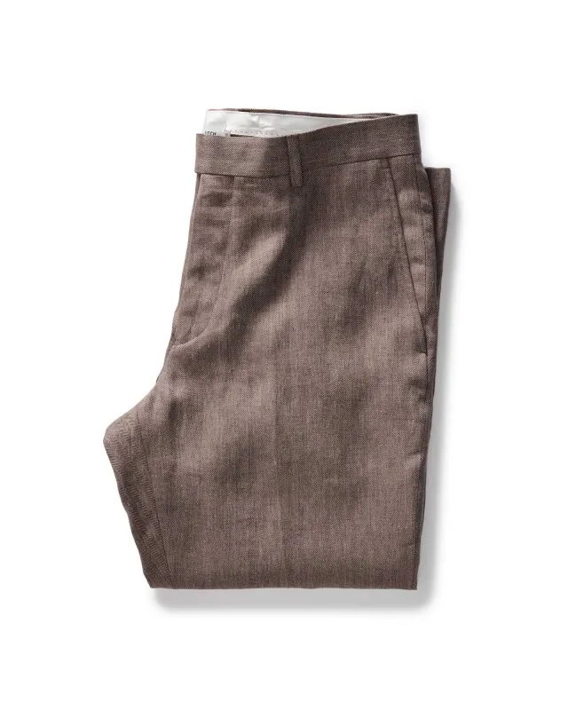 The Stevens Trouser in Coffee Linen Herringbone made by Taylor Stitch