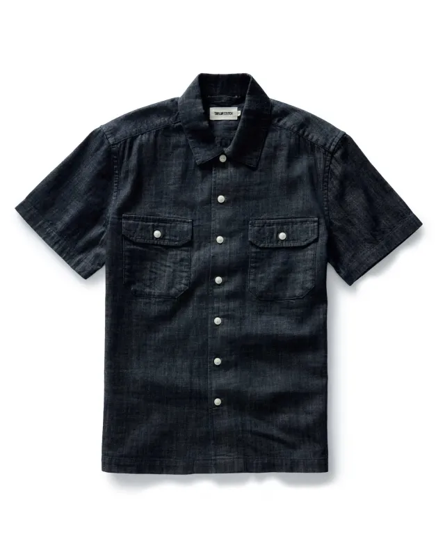 The Short Sleeve Mechanic Shirt in Rinsed Indigo Denim sold by Taylor Stitch