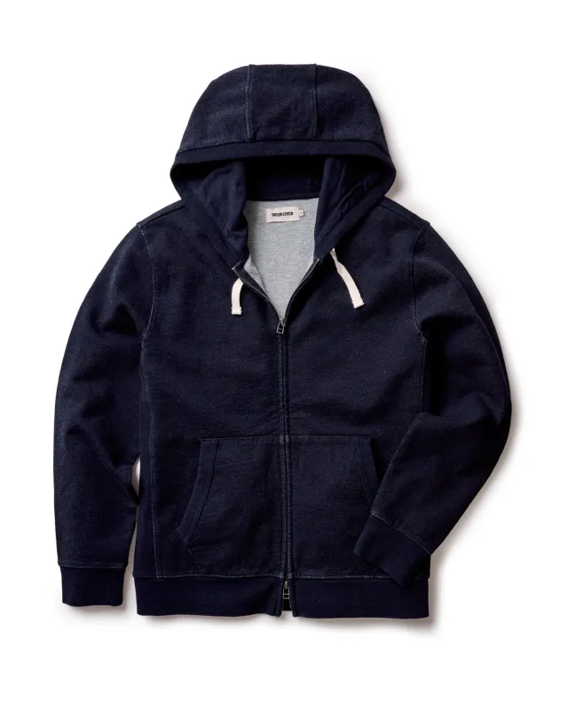 The Apres Zip Hoodie in Rinsed Indigo Terry sold by Taylor Stitch