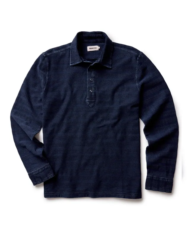 The Long Sleeve Polo in Indigo Knit Stripe sold by Taylor Stitch