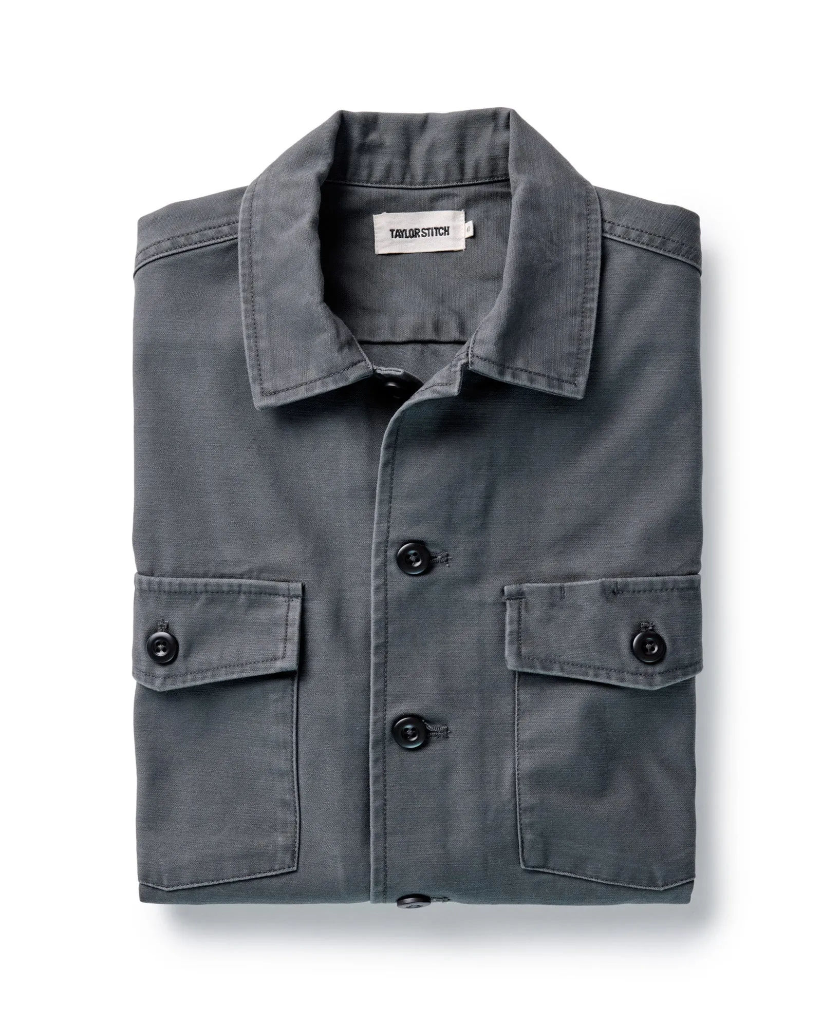 The Surplus Shirt in Faded Black Reverse Sateen sold by Taylor Stitch