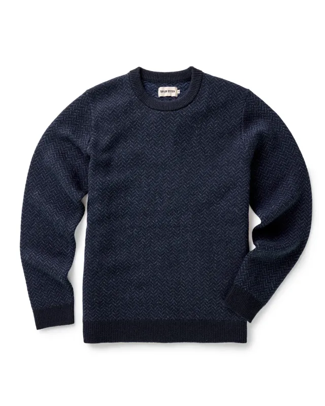 The Eddy Crew in Heather Marine Herringbone made by Taylor Stitch