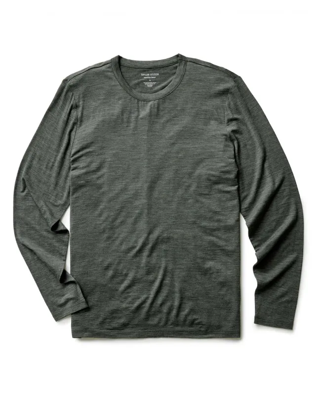 The Merino Long Sleeve Tee in Heather Army sold by Taylor Stitch