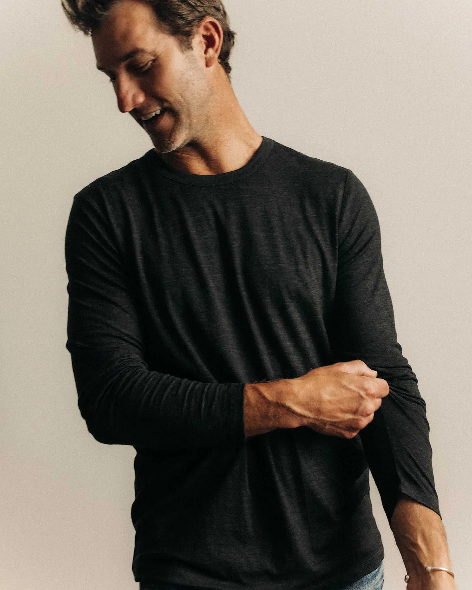 The Merino Long Sleeve Tee in Heather Black sold by Taylor Stitch product image thumbnail 2