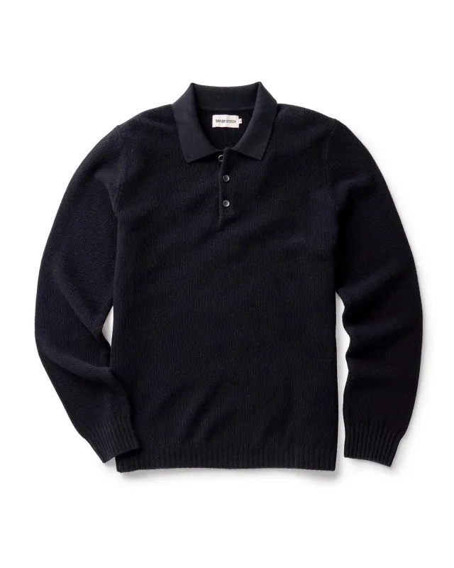The Newton Sweater Polo in Midnight Merino made by Taylor Stitch