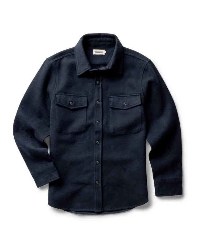 The Maritime Shirt Jacket in Dark Navy Moleskin Twill sold by Taylor Stitch