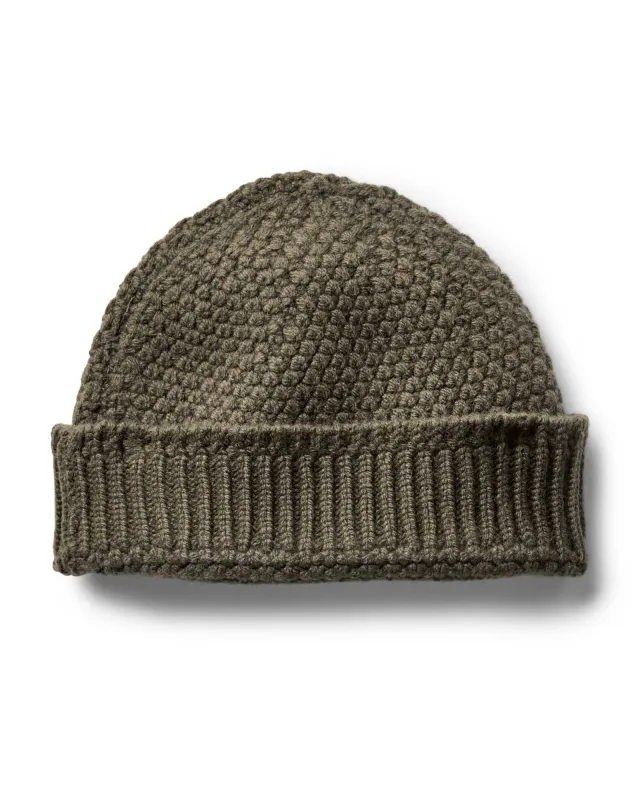 The Fisherman Beanie in Heather Army sold by Taylor Stitch