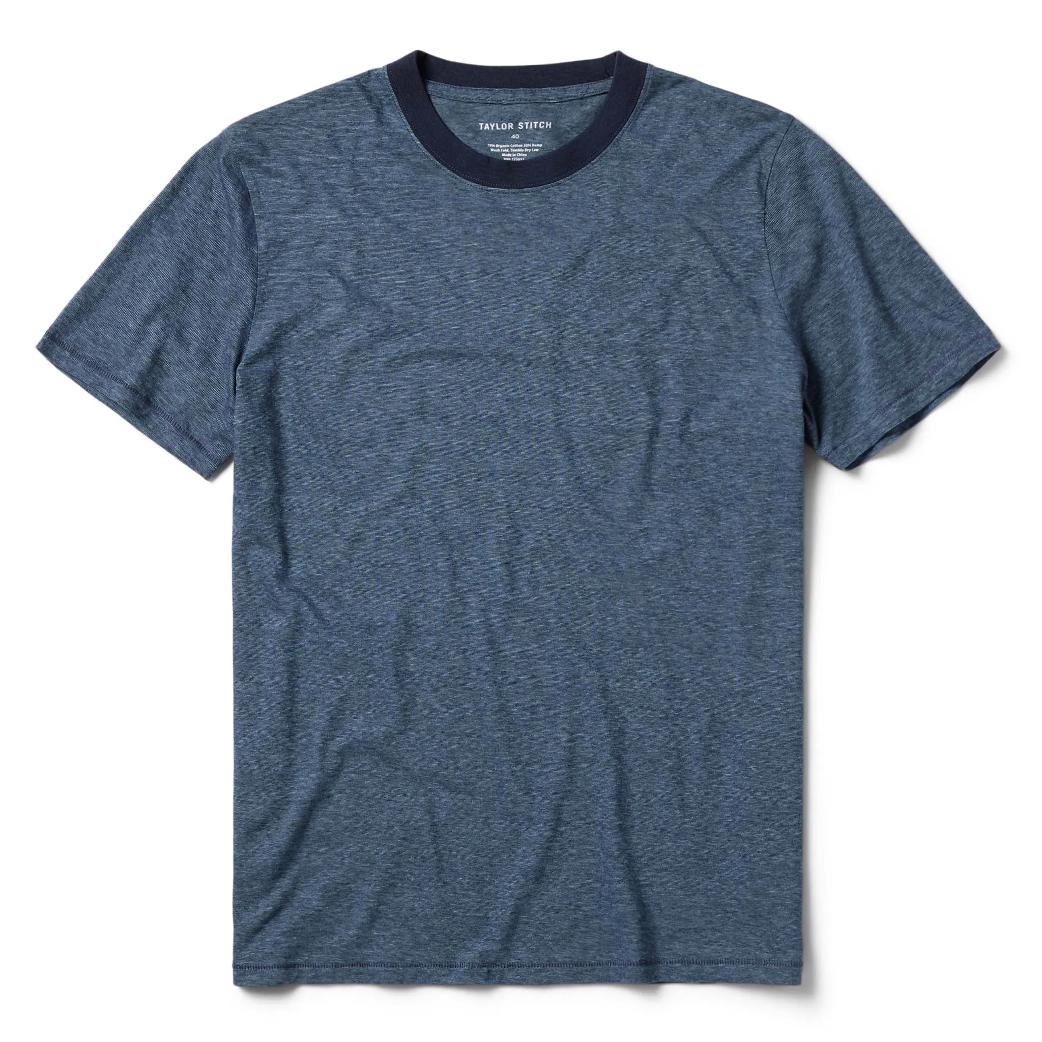 The Cotton Hemp Tee in Slate and Navy Stripe sold by Taylor Stitch