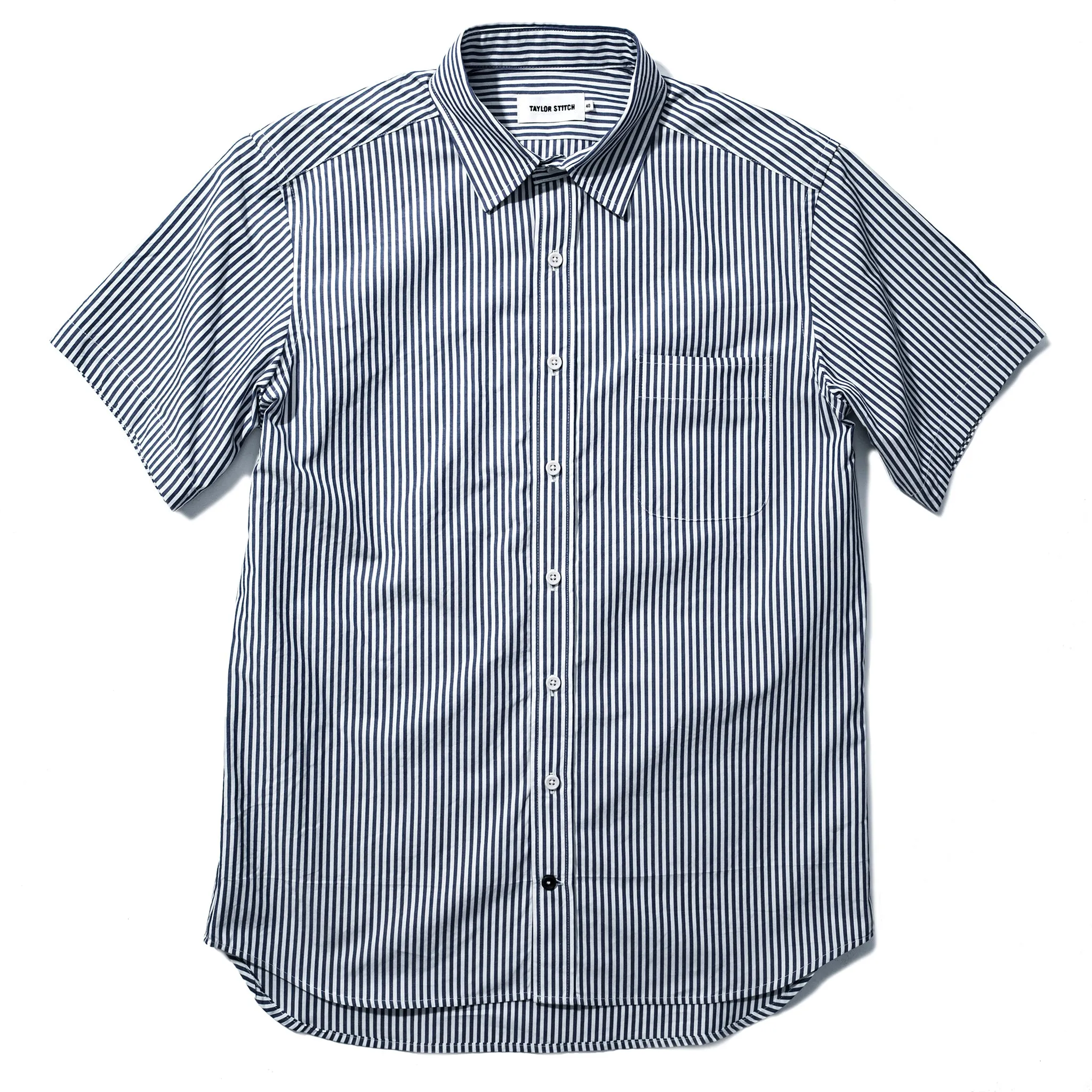 The Short Sleeve California in Navy Stripe Poplin sold by Taylor Stitch