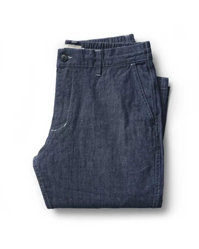 The Easy Pant in Washed Indigo Chambray sold by Taylor Stitch
