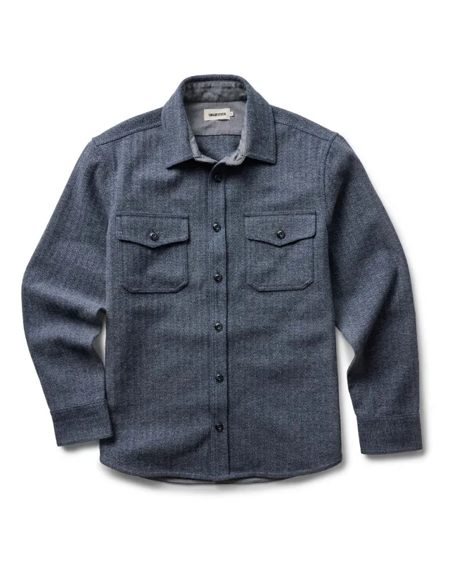 The CPO Overshirt in Indigo Ash Wool Herringbone sold by Taylor Stitch