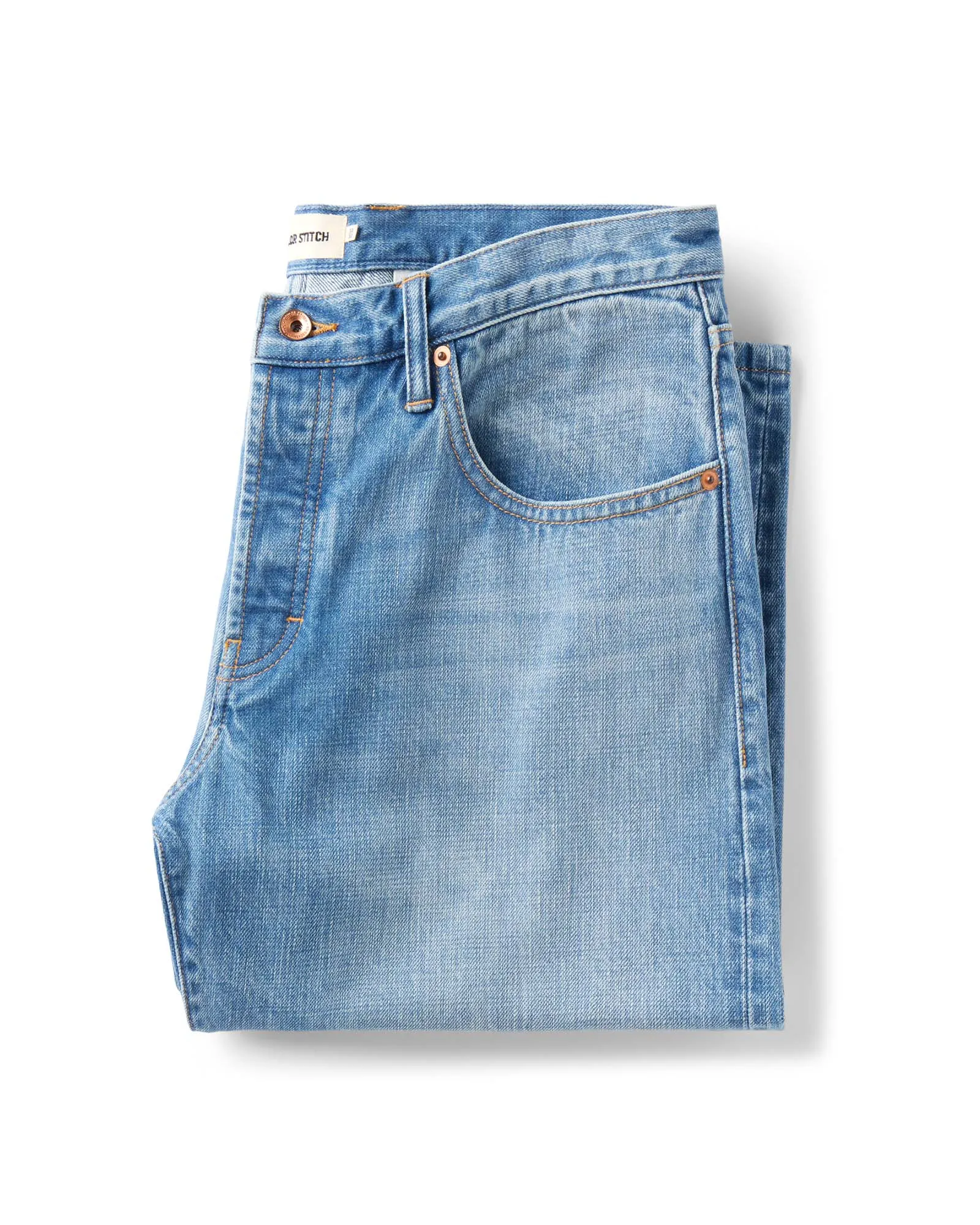 The Democratic Jean in Light Wash Organic Selvedge sold by Taylor Stitch