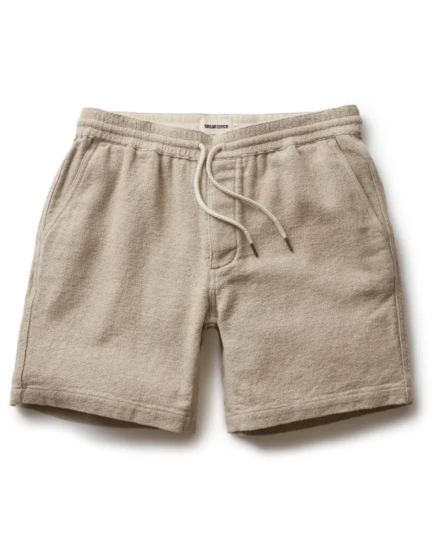 The Apres Short in Heather Oat Crepe made by Taylor Stitch