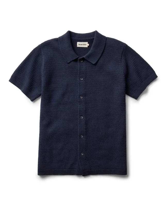 The Button Down Polo in Dark Navy Crochet made by Taylor Stitch