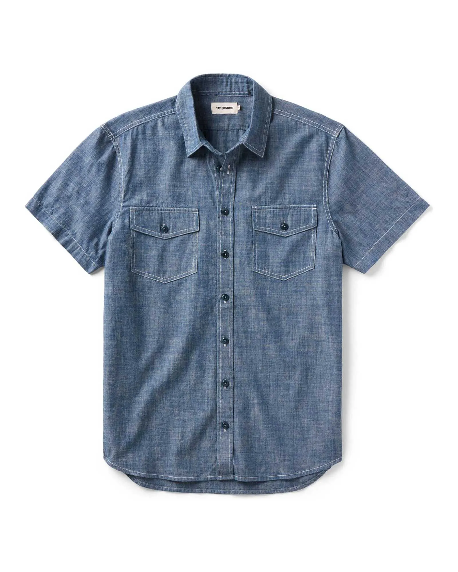 The Short Sleeve Crew Shirt in Washed Indigo Chambray sold by Taylor Stitch