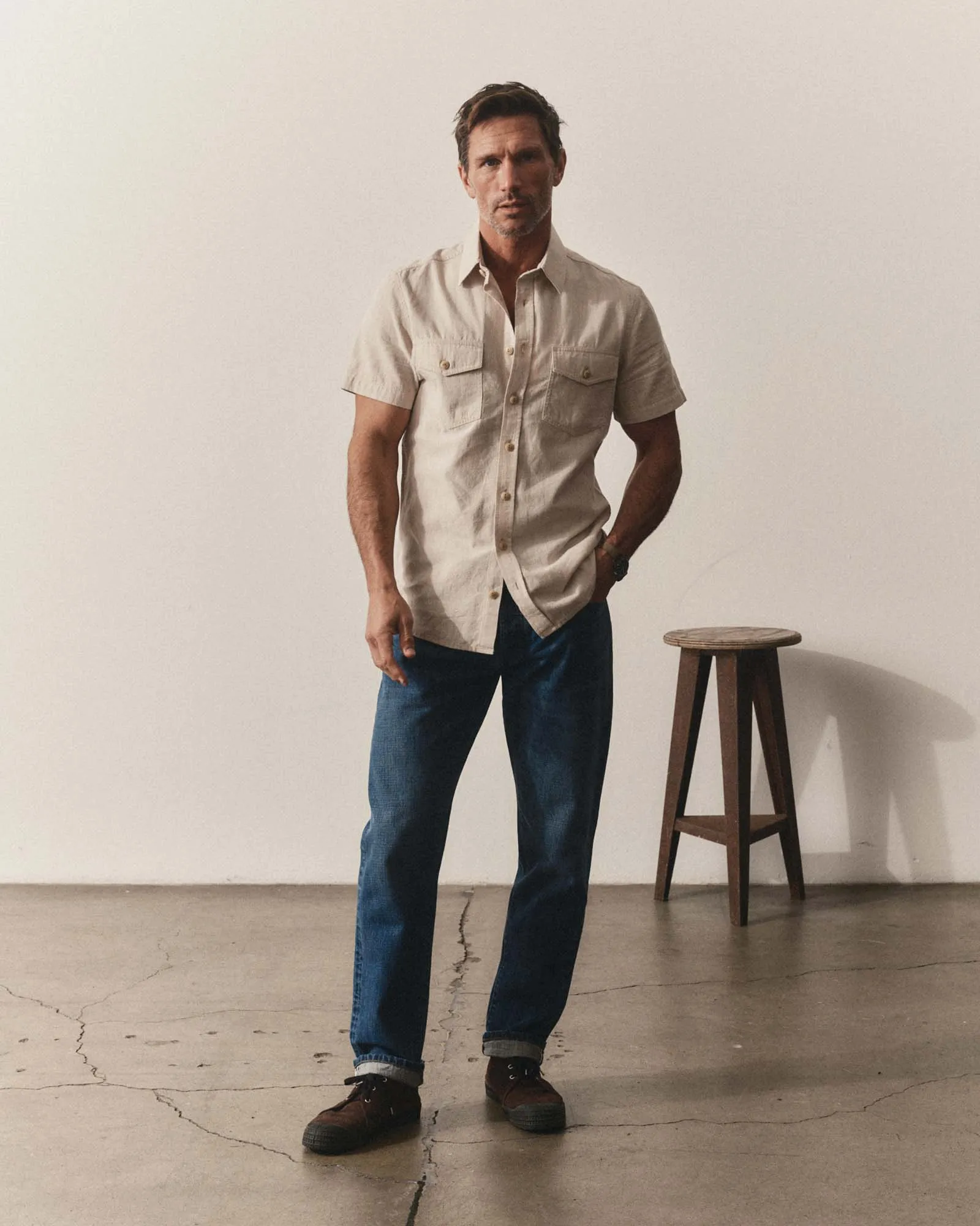 The Short Sleeve Crew Shirt in Natural Chambray sold by Taylor Stitch product image thumbnail 3