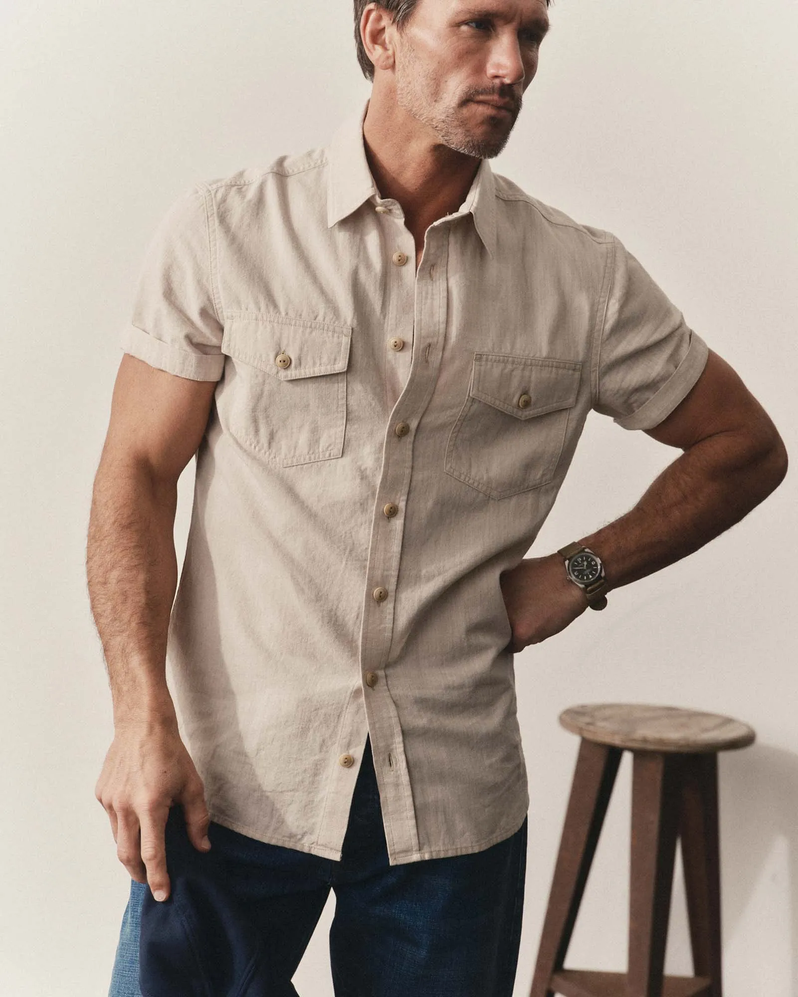 The Short Sleeve Crew Shirt in Natural Chambray sold by Taylor Stitch product image thumbnail 2