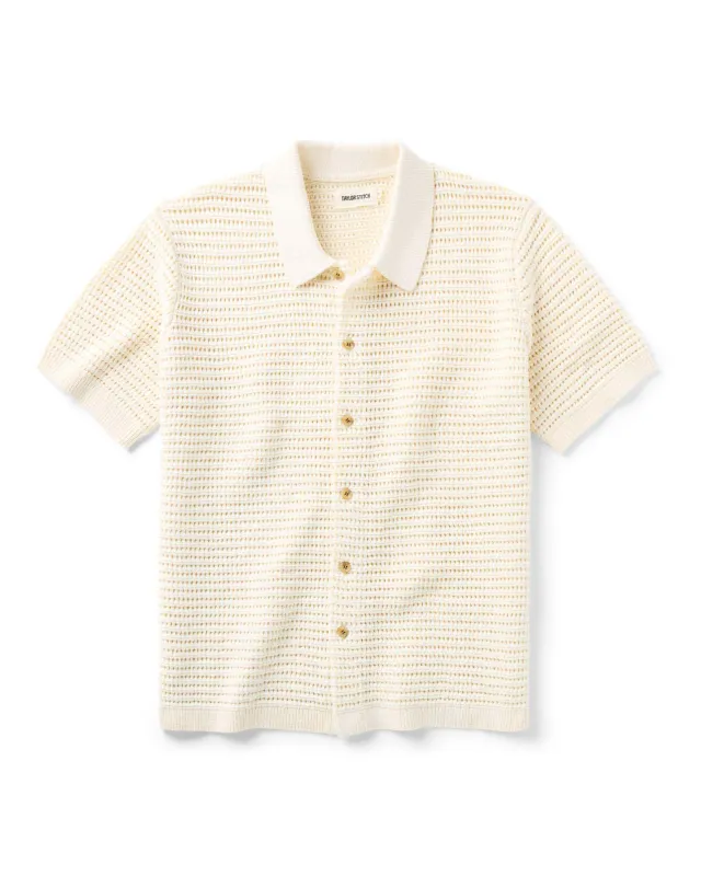 The Monterey Sweater Polo in Vintage White Crochet made by Taylor Stitch