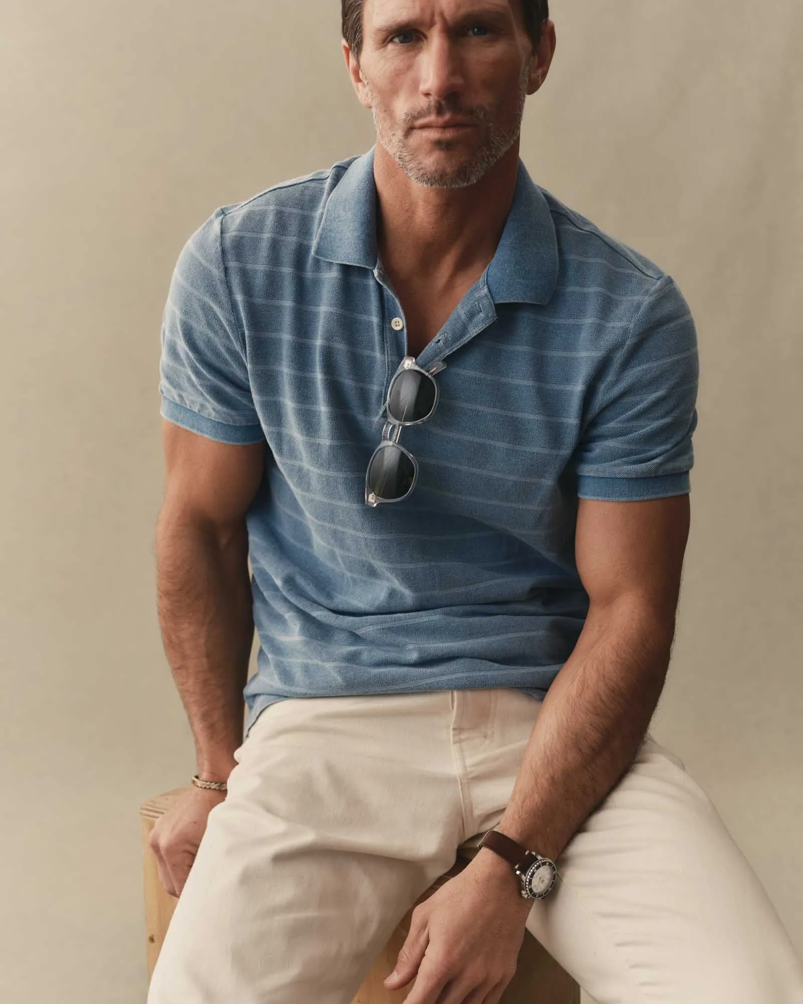 The Pacific Polo in Washed Indigo Pique Stripe sold by Taylor Stitch product image thumbnail 2
