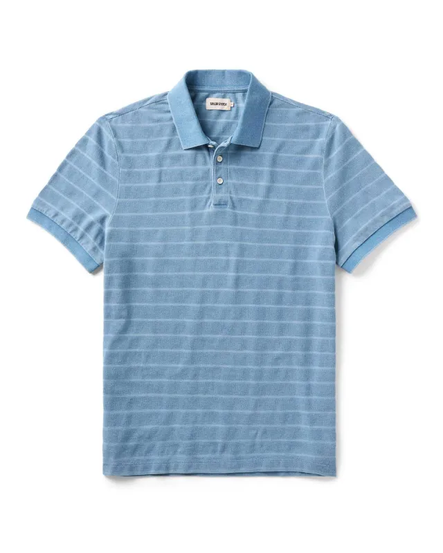 The Pacific Polo in Washed Indigo Pique Stripe made by Taylor Stitch