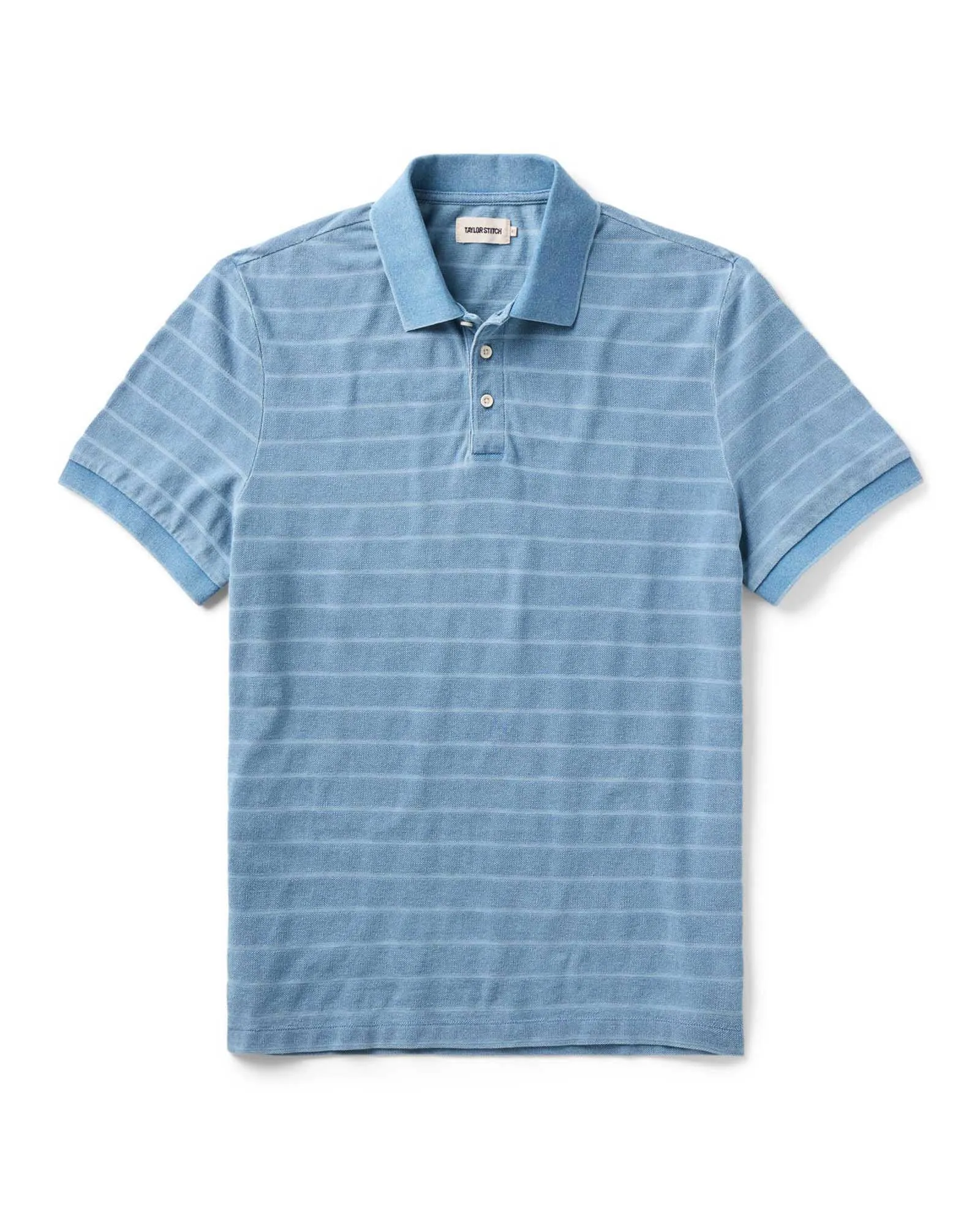The Pacific Polo in Washed Indigo Pique Stripe sold by Taylor Stitch