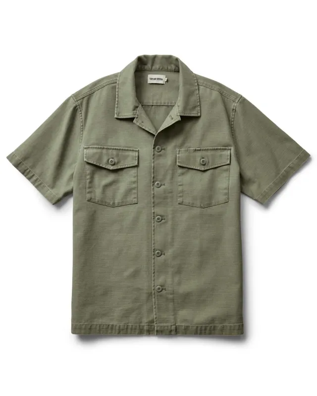 The Short Sleeve Surplus Shirt in Field Olive Reverse Sateen made by Taylor Stitch