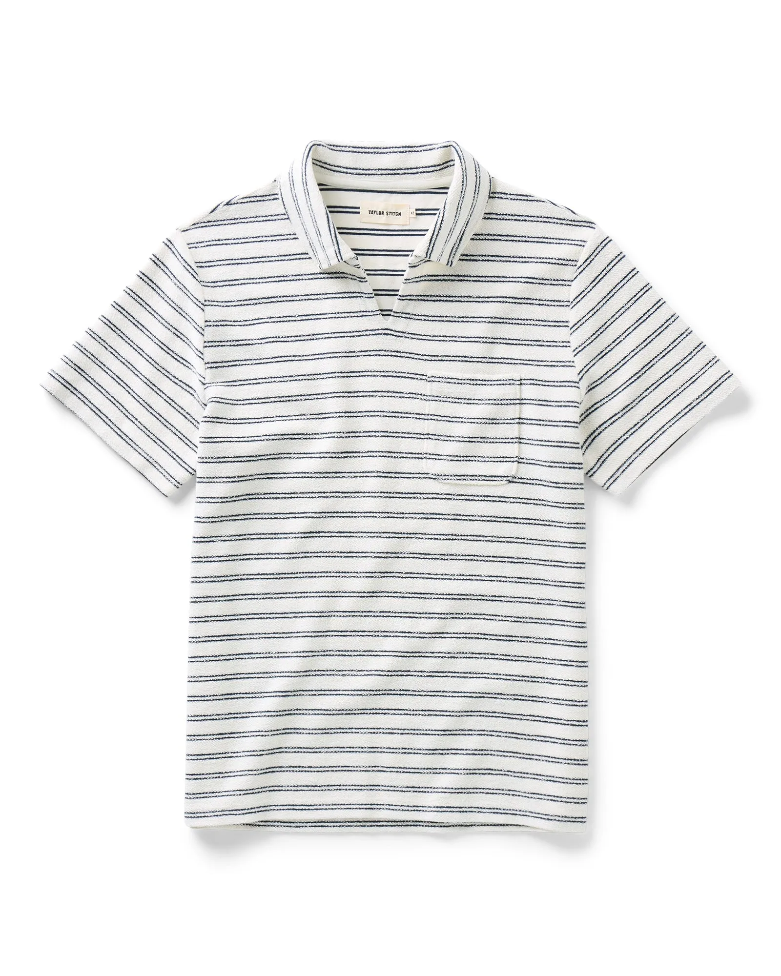 The Meridian Polo in Marine Stripe sold by Taylor Stitch