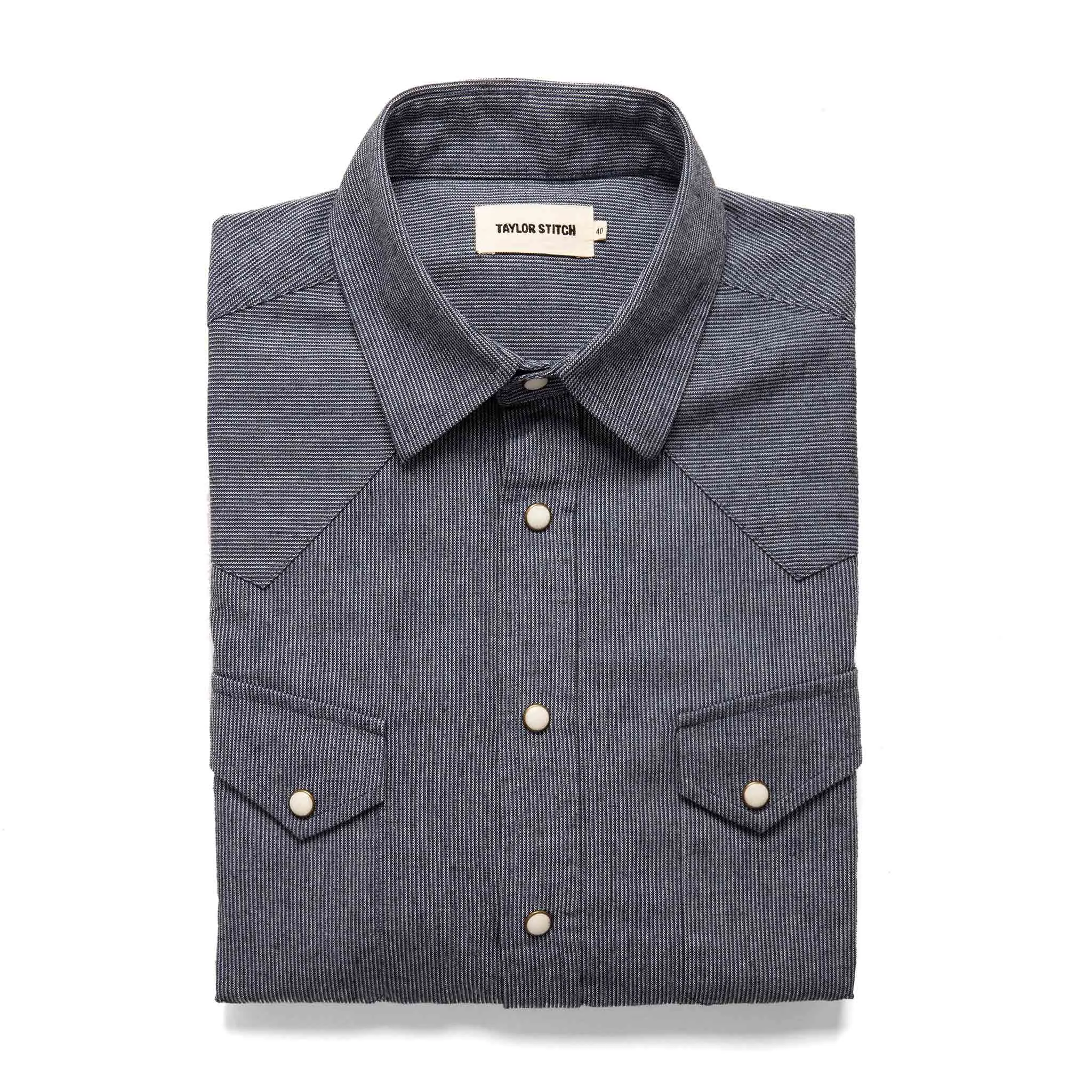The Western Shirt in Indigo Stripe sold by Taylor Stitch