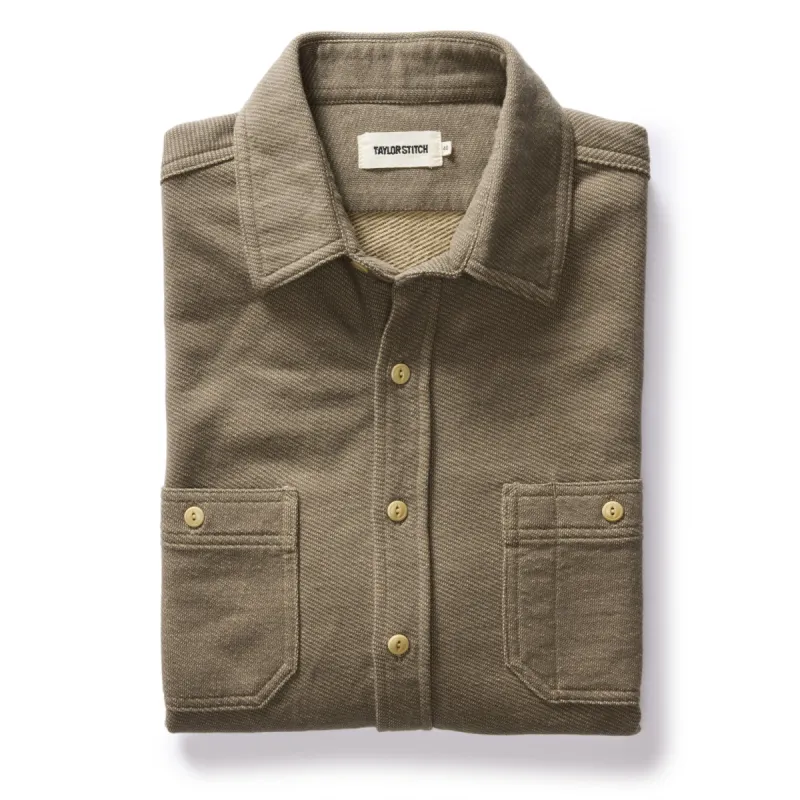 The Utility Shirt in Fatigue Olive French Terry Twill Knit sold by Taylor Stitch
