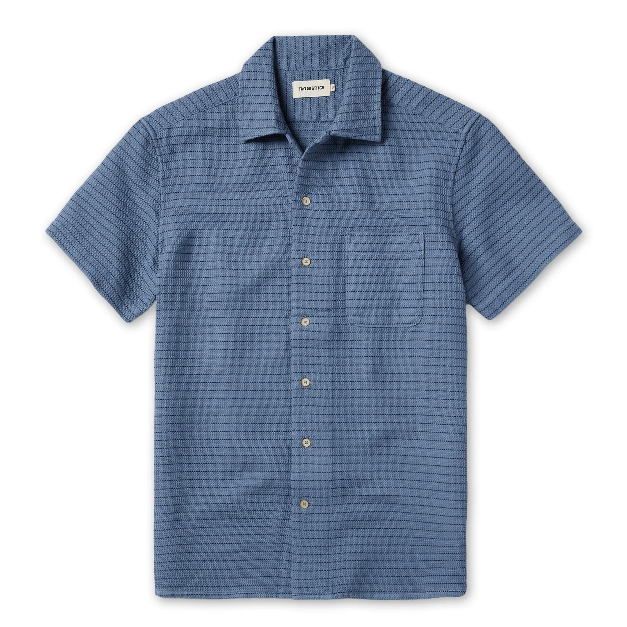 The Short Sleeve Hawthorne in Ocean Pickstitch Waffle sold by Taylor Stitch
